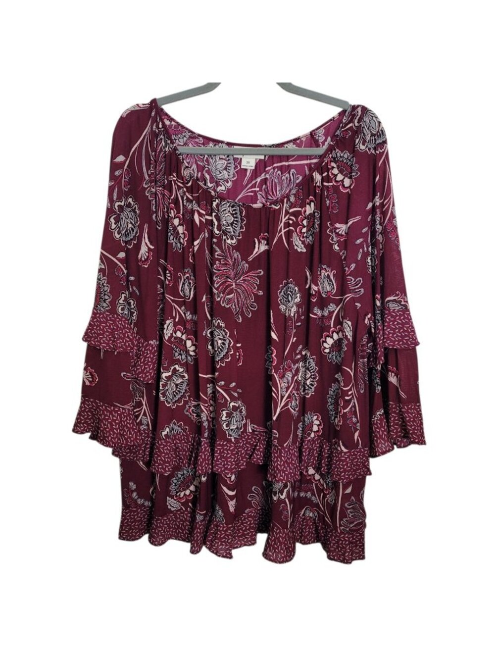 Style & Co Women's 3X Burgundy Tiered Blouse Floral Bohemian Festival NWT